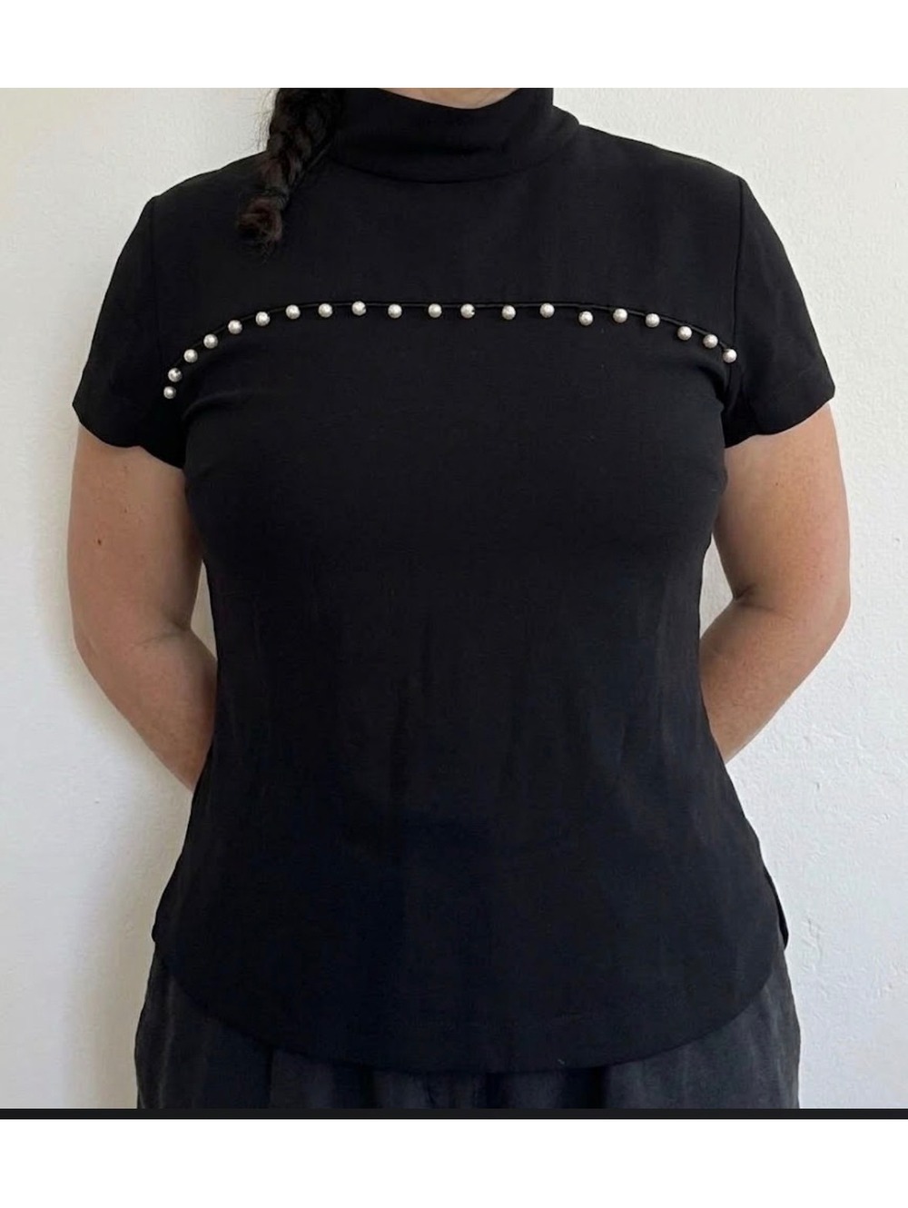 Zara TRF Black Mock Neck Top with Faux Pearl Detail - Size S